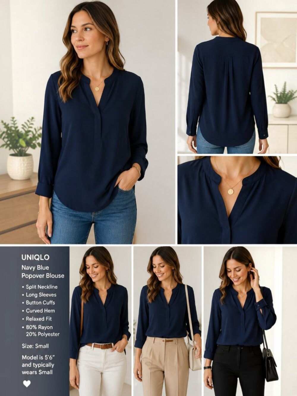 UNIQLO Navy Blue Rayon Blend Popover Blouse Small Long Sleeve Split Neck EUC